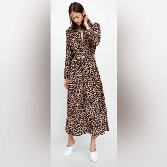 Zara Belted Maxi Leopard Buttoned Dress - Size Large -NWT - Picture 6 of 10